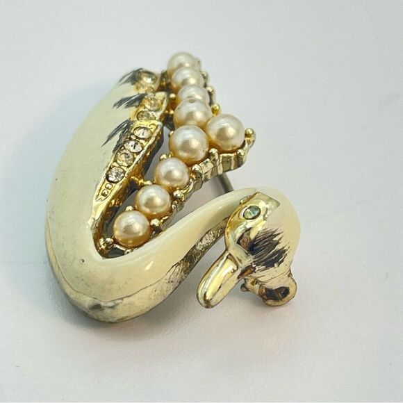 Vintage Coro Swan Brooch | Enamel Paint Rhinestone  Pearl Inlay Bird Pin Jewelry - Picture 6 of 13